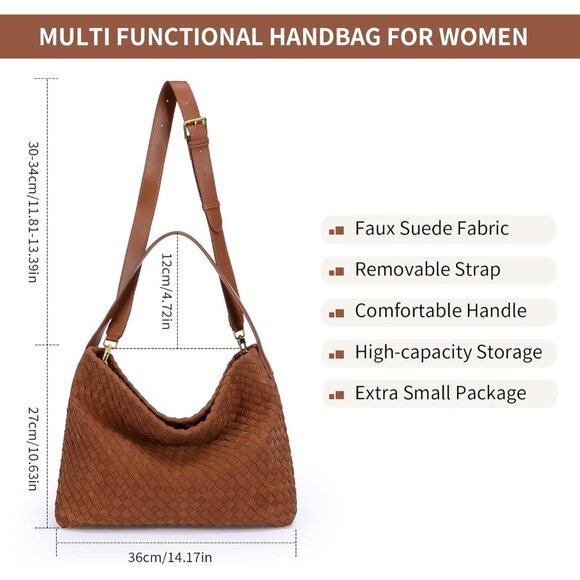 Woven Suede Hobo Bag for Women, Fall Woven Purse Slouchy Shoulder Crossbody Bag, - Picture 4 of 7